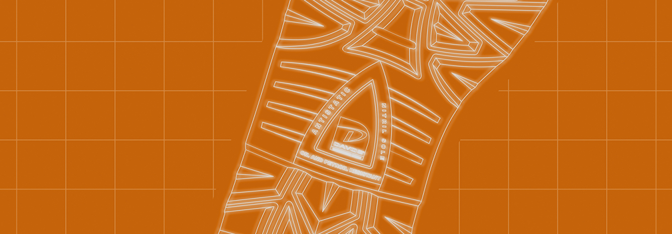 Technical drawing of a Davos antistatic nitrile sole tread on an orange blueprint grid