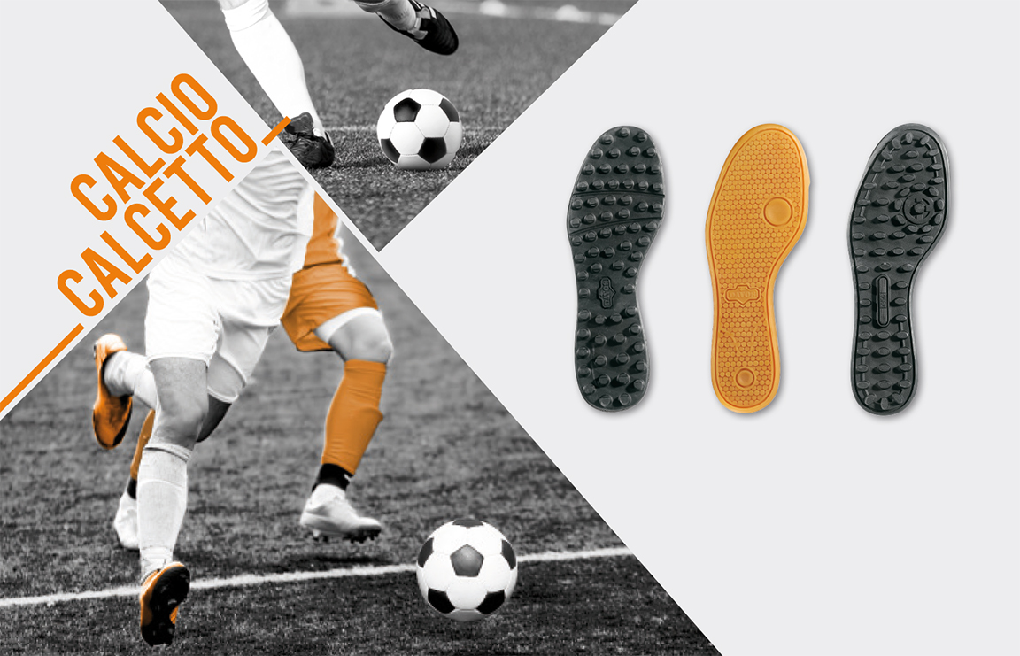 Soccer and five-a-side sole plates in black and orange beside football photography