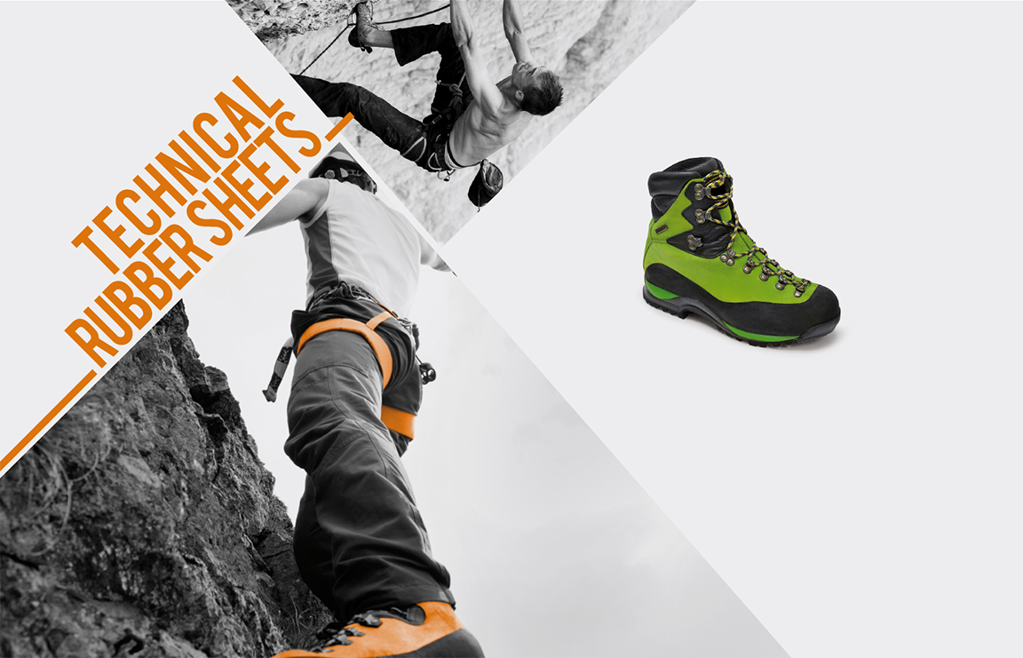 Technical rubber sheets board with a green mountaineering boot and climbing photography