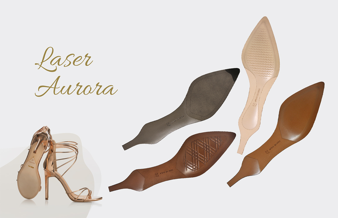Pointed Laser Aurora soles with laser-etched grip patterns in grey, nude and tan