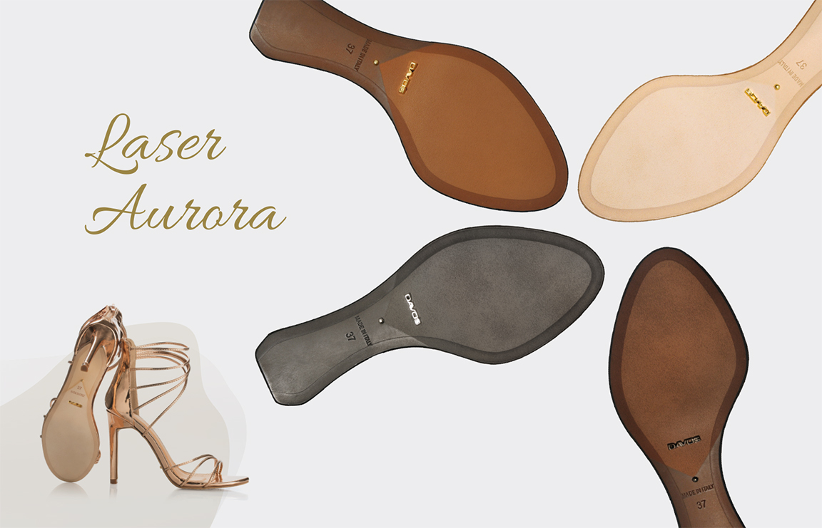 Four Laser Aurora soles in tan, sand, grey and chocolate with gold DAVOS foil