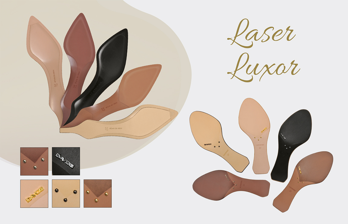 Laser Luxor board of soles from nude to black with gold-foil branding studies