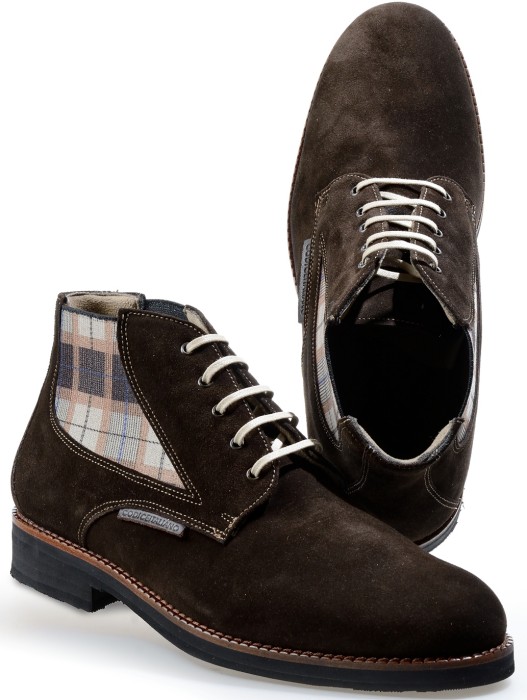 Brown suede derby and boot with a tartan elastic gusset