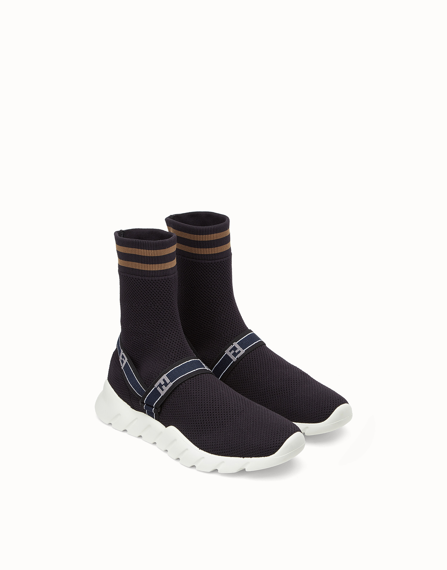 Black knit sock boots with a striped elastic collar
