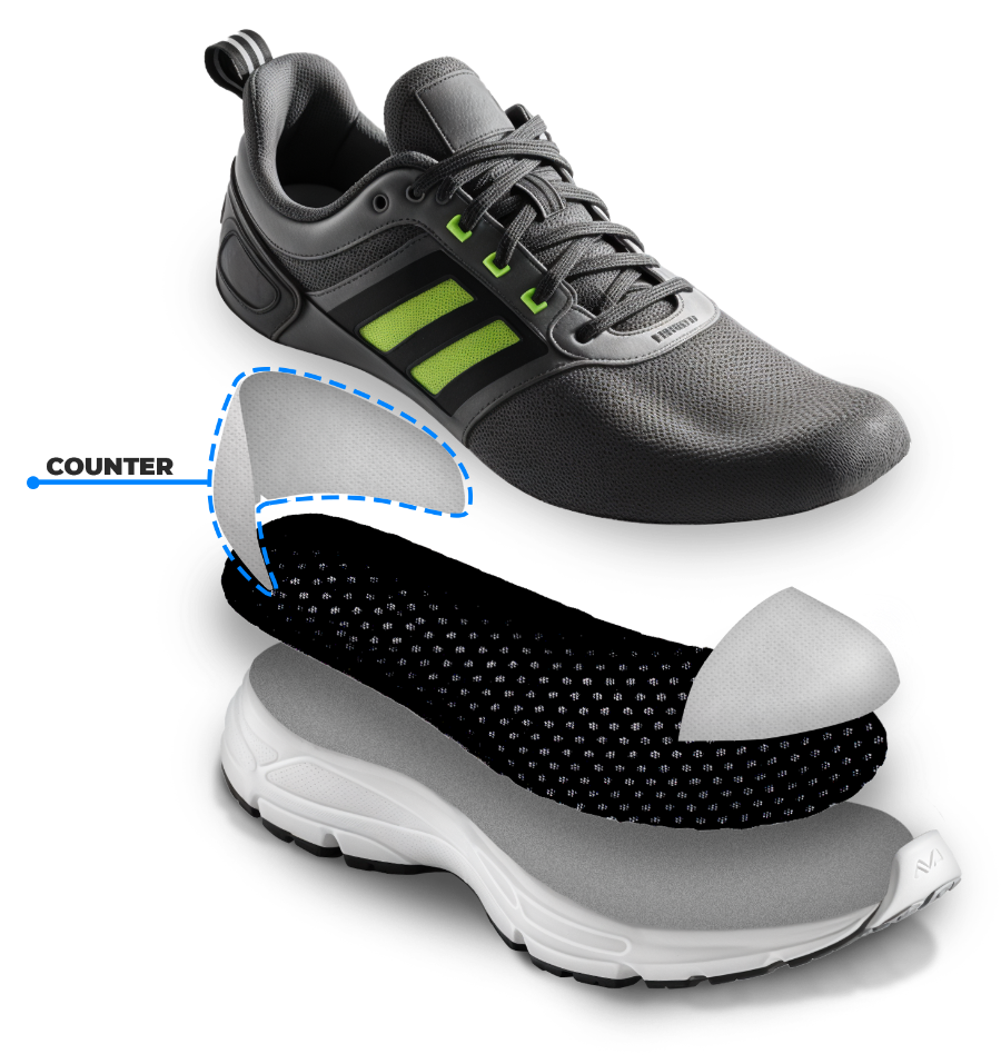 Exploded view of a sports shoe showing the counter, toe puff and insole