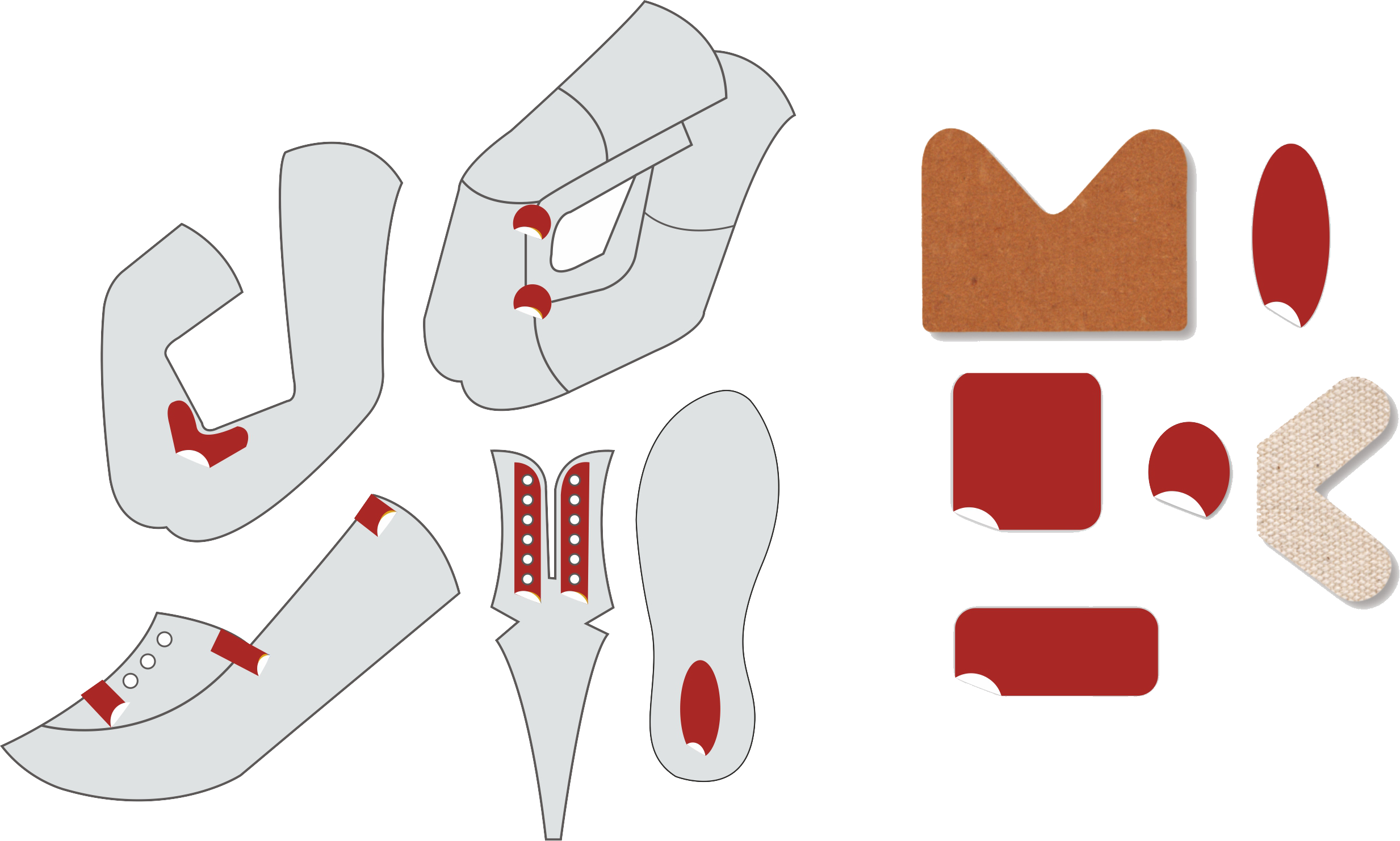 Pre-cut Justpeil reinforcement shapes mapped onto shoe upper, vamp, quarter, eyelet row, insole and leather-goods panels